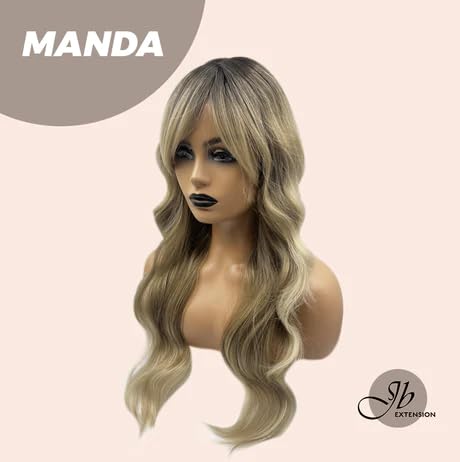 Miniatura 3 de MANDA - Peluca larga y ondulada con flequillo en capas, con raíces oscuras, balayage, rubio, rizada, para usar y llevar, pelucas de cabello largo