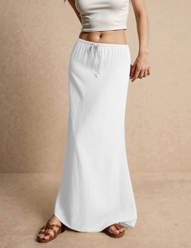 Kinghua Linen Skirts for Women Spring Summer Trendy A Linen Beach Elastic High Waisted Drawstring Casual Flowy Maxi Skirt2