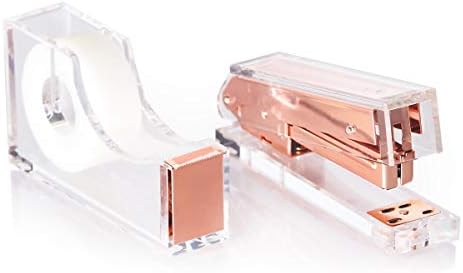 Staple & Stick Office Supplies Designer - Acrylic Lucite Rose Gold Stapler & Tape Dispenser - Elegant Rose Gold Tape Dispenser & Stapler Gift Set - Chic Office Stapler & Tape Dispenser Rose Gold