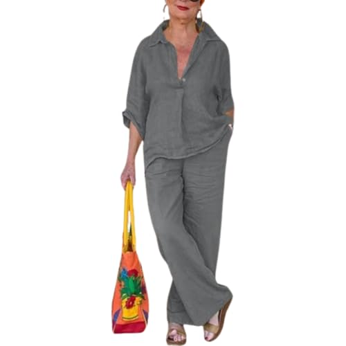 Women 2 Piece Cotton Linen Outfits Casual Loose 3/4 Sleeve Button Tops High Waist Wide Leg Pants Suit with Pockets