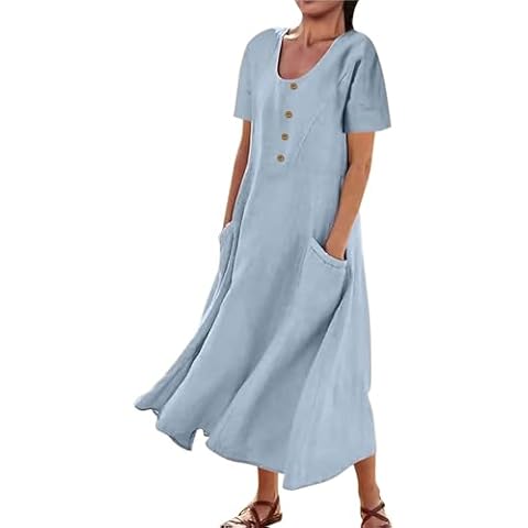 AUDATE Maxi Dress for Women Summer Linen Cotton Short Sleeve Dress Solid Loose Crew Neck Beach Long Dress Light Blue L Cover