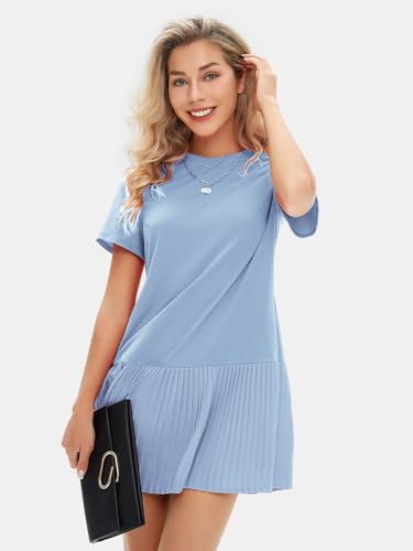 Image of EXLURA Womens Summer Casual Short Sleeve Dress Crewneck Tshirt Dresses Pleated Aline Mini Dress 2025 Vacation Beach Sundress