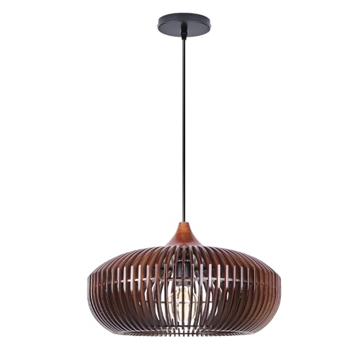 Magiroz Wood Cage Pendant Light 17in, Walnut Brown, Adjustable