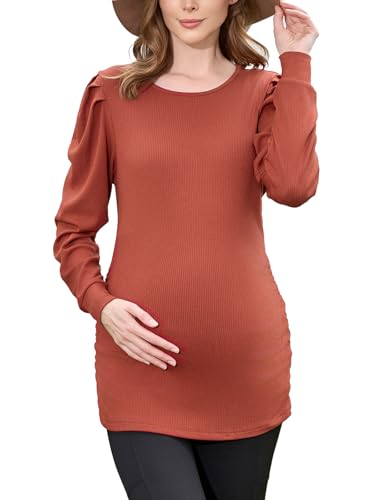 Image of Ecavus Women's Maternity Shirts Ribbed Puff Long Sleeve Tunic Tops Side Ruched Casual Pregnancy Clothes
