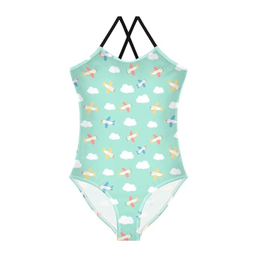 senya Girls Swimsuits One-Piece Swimwear Tie Bathing Suit Beach Summer Round Neck 7-8T Aircraft Clouds Pattern