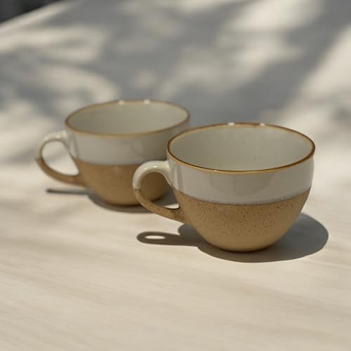 Set de 2 tazones desayuno Tazones De Sopa De Cerámica Taza De Café Grande, Tazas De Sopa Con Asa Apto Para Microondas Y Lavavajillas Para Cereal Postre Ensalada Té Leche de 425cc (beige)