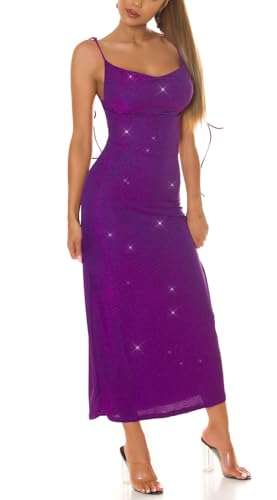Koucla Vestido maxi de Nochevieja con purpurina, espalda descubierta, vestido de fiesta, morado, Talla única