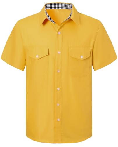 SANGTREE Mens Yellow Button Down Shirts Casual Short Sleeve Collar Shirt with Double Pockets, S