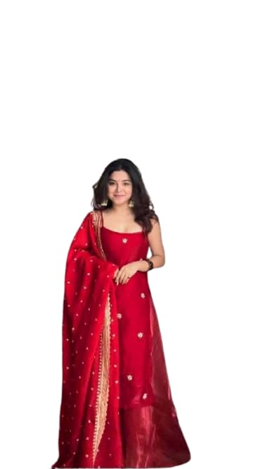Women's Red Satin Embroidered Kurta Set with Dupatta and Palazzo Pants | Festive Ethnic Suit for Women-image-46