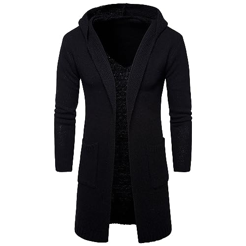 Men's Shawl Collar Long Hooded Cardigan Lightweight Open Front Drape Cape Overcoat Knitted Sweaters With Pockets