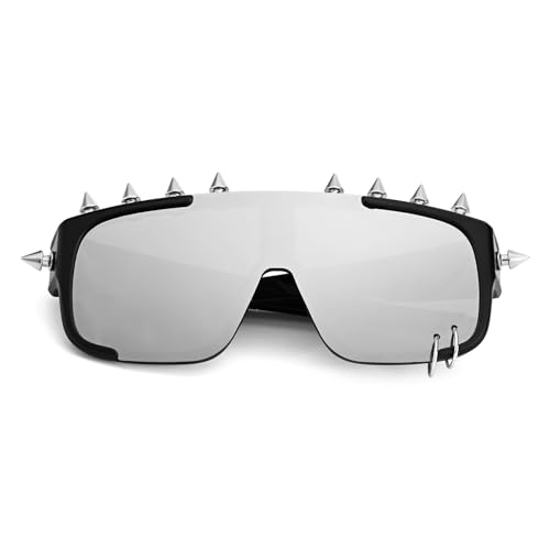 Junsika Oversized Punk Studded Sunglasses for Men Women Trendy Cool One Piece Designer Shield Sunglasses2