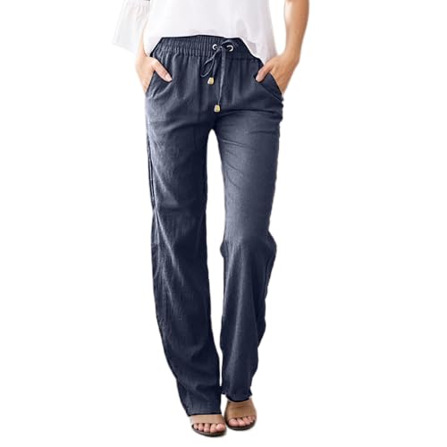 TIAFORD Women's Cotton Linen Straight Leg Pants Lightweight Casual Trousers Elastic Waist Lounge Pants with Pockets