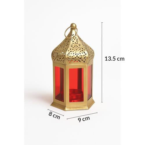Image of MARKET 99 Metal & Glass Moroccan Lantern with Plain Glass | Christmas & Holiday Candle Holder, Festive Home Decor, Diwali & Birthday Decoration-Golden & Red | (Use LED T-Light only)