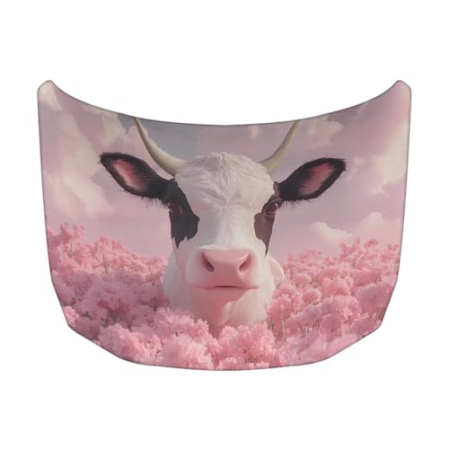 Image of Pink Flower Cow Print Car Hood Cover, Stretch Fabric Car Hood Protector Washable Universal Auto Exterior Accessorie for Sedans SUV Pickup Trucks Van