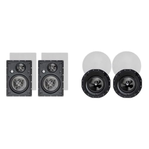 Monoprice Carbon Fiber 8-Inch 3-Way in Wall Speakers Pair with 2-Way 8-Inch in-Ceiling Speakers Pair