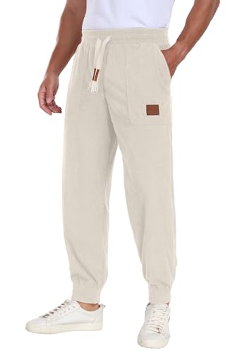 Askdeer Mens Corduroy Joggers Pants Casual Cargo Pants Drawstring Elastic Waist Baggy Tapered Sweatpants with 3 Pockets Beige2