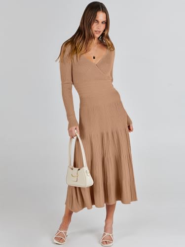 ANRABESS Womens Wrap Midi Sweater Dresses Long Sleeve V Neck Ribbed Knit Bodycon High Waist Pleated A-Line Dress 2025 Trendy3