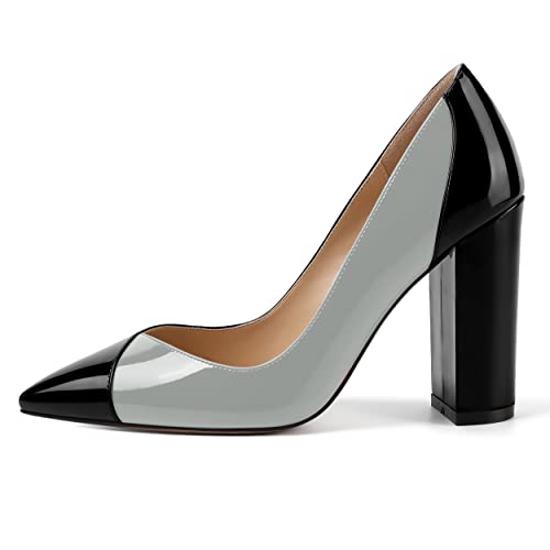 SHOWFOREST Women's Pointed Toe Patent Solid Outdoor Slip On Sexy Block High Heel Pumps Shoes 4 Inch2
