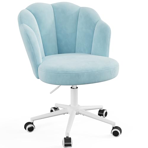 Homkdom Office Vanity Chair with Wheels Desk Chair Comfy with Petal Backrest Armless Home Office Chair Hight Adjustable & 360 Swivel Computer Task Chair for Bedroom Study Room Misty Blue