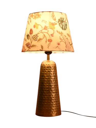 Image of Green Girgit Golden Hammered V-Shaped Lamp with Multicolor Taper White Shade, Decorative Table Lamp with Hammered Metal Base, Floral Pattern Fabric Shade, Antique Brass Finish (LED Bulb Included)