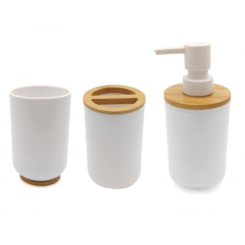 D,casa - Set Accesorios Baño de Bambú Estilo nordico Blanco - Juego de 3 Piezas