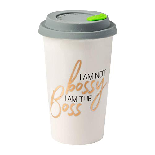 I am not bossy I am the Boss Ceramic Coffee Travel Mug for Women 12 oz With Sealed BPA Free Lid - Dishwasher Safe - Sarcastic Boss Babe Saying - Novelty Boss Lady Coffee Mug