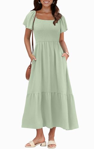 Image of OFEEFAN Summer Dresses for Women Square Neck Ruffle Sleeve Smocked Maxi Dress with Pockets