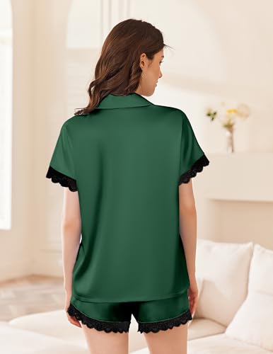Image of Ekouaer Womens Satin Pajama Set Lace Trim Button Down Pj Shorts Set Bridesmaids Getting Ready Outfits Bridal Party Gifts, Bright Green, X-Large