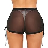 SHERRYLO Shorts for Women Casual Summer Sheer Bikini Bottom See Through Mesh Womens Drawstring Short Ruched Side Beach Swim Trunks Black