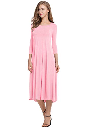 Hotouch Women's 3 4 Sleeve Stripe Elastic Waist Casual Long Dress (Misty Rose XL)