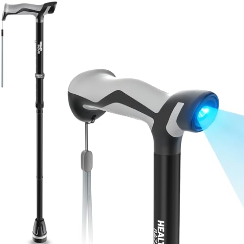 HEALTHBAZAAR Walking Cane with LED Light Folding Canes for Men & Women with Shock Absorption - Adjustable Lightweight Collapsible Walking Sticks with Comfort Grip Handle Heavy Duty All Terrain Tip