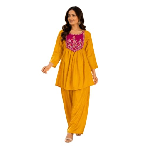 Image of Embroidered Sharara Set for Women | Roman Silk Short Kurta with Flared Sharara Pants | Designer Festive Ethnic Wear Suit Set for Weddings, Sangeet & Celebrations