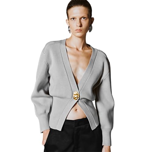 Image of URBAN REVIVO Women Knitted Cardigans Long Sleeve V-Neck Lightweight Sweater One Leaf Button Down Outwear
