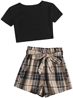 Romwe Girl's Summer 2 Piece Twist Front Crop Tops with Floral Belted Short Set Black Plaid 10Y