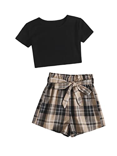Romwe Girl's Summer 2 Piece Twist Front Crop Tops With Floral Belted Short Set Black Plaid 10Y #TOP13