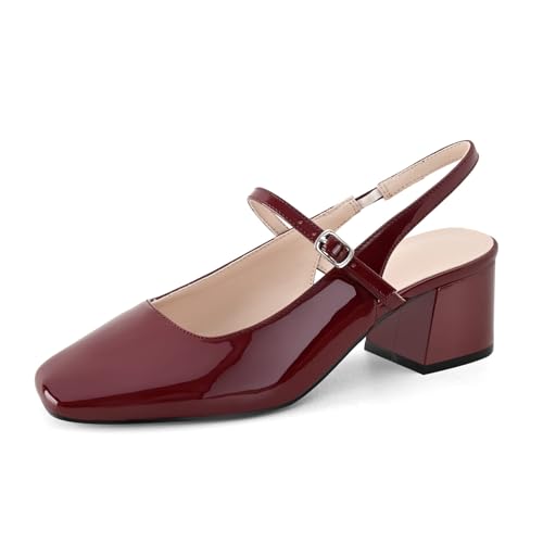 Women's Slingback Heels Low Chunky Heel Buckle Strap Pumps Square Toe Wedding Dress Shoes