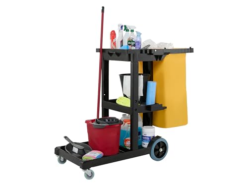 The Workplace Depot Economy Cleaning Cart - Lightweight Black Polythene Janitorial Trolley with Waste Bag Shelves & Tool Holders for Professional Commercial & Office Use