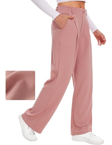 Desol Hosen Damen Waffel Lang Palazzo Hose Elegant Stoffhose Anzughose Damen Weite Sommerhose mit Taschen High Waist Hose Damenhose Weites Bein