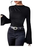 SweatyRocks Women's Ruched Mock Neck Long Ruffle Sleeve Stretch Solid Basic Tee Shirts Tops Black M
