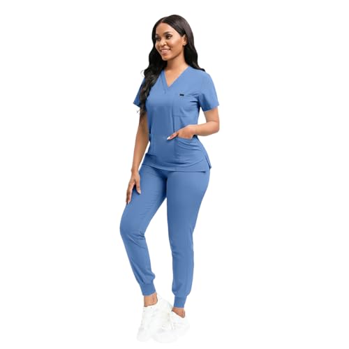 YEZEX Scrubs for Women Set, Stretch V-Neck Top & Jogger Scrub Pants, CeilBlue — view 3