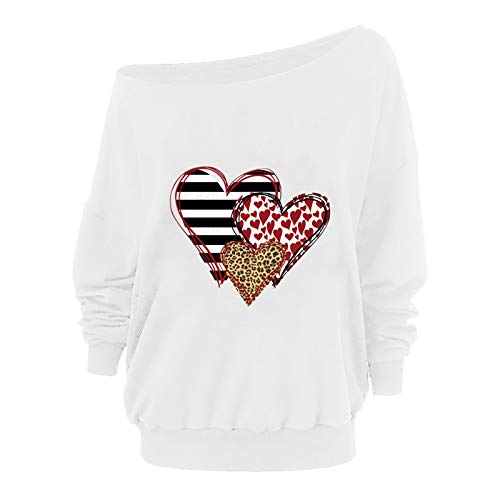 Womens Sweatshirt Fashion Skew Collar Heart Printed Tops Off The Shoulder Long Sleeved Loose Pullover Slouchy T-Shirt White