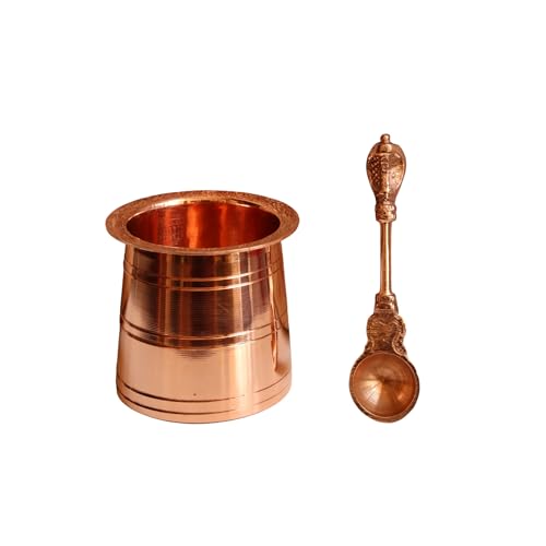 Image of Copper Embossed Panchapatra Udharini Set with Snake Head Design Udarini | Heavy Weight Pooja Accessory for Home | Pooja Glass and Spoon for Charnamrit | Height: 2.5 Inch, Weight: 170 gm
