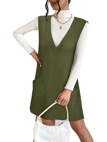 VETIOR Women's Fall Dresses Overall Casual Vest Teacher Fashion Winter Dress with Pockets Army Green