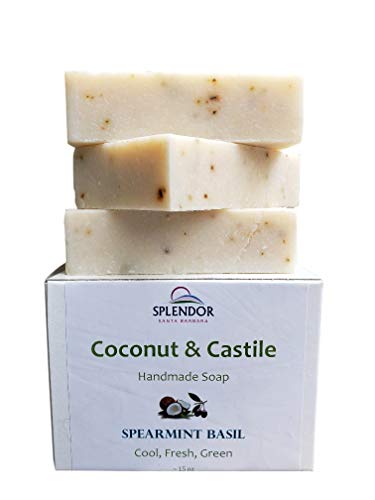 Spearmint Basil Coconut Castile Face and Body Bar Soap (3 Bars/15 oz) Handmade USA, Vegan, Natural, Moisturizing.