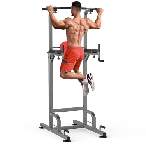 RELIFE REBUILD YOUR LIFE Power Tower Klimmzüge Dips Höhenverstellbares Multifunktions Fitnessgerät Zuhause Kraftstation Klimmzugstange Dip Station Liegestützgriffe (Grau-1)