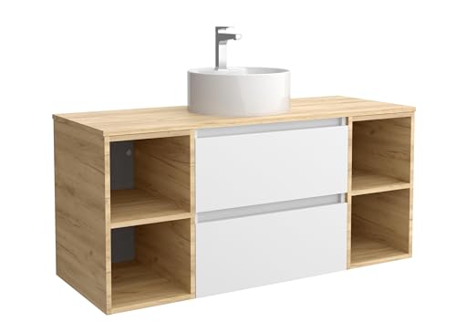 Salgar Mueble de Baño Bequia Plus 120 cm 2 cajones Blanco Mate y 2 coquetas Laterales 2 Huecos Roble con Lavabo sobre encimera