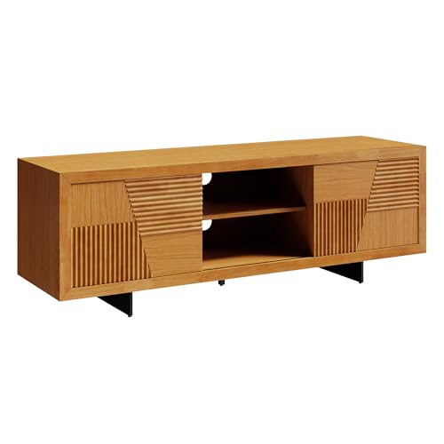 Image of Bme Trapeze TV Stand for Living Room - Wooden Media Console with Storage, Metal Legs, Large Teak Brown TV Stand for Stylish Home Entertainment Setup