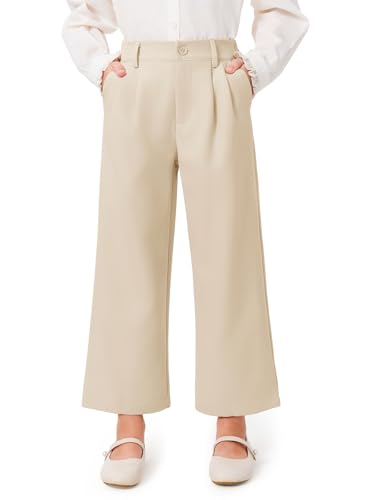 Image of Haloumoning Girls Uniform Pants Kids High Waisted Wide Leg Dress Pants Casual Trousers with Pockets 5-14 Years
