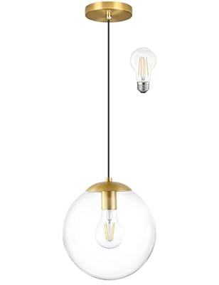 KoKo&Yukina 8 Inch Globe Pendant Lighting for Kitchen Island Mid Century Modern Hanging Light Fixture with Clear Globe Glass Gold Brass Hanging Ceiling Lights for Sink Bathroom Entryway (Bulb Incl.)