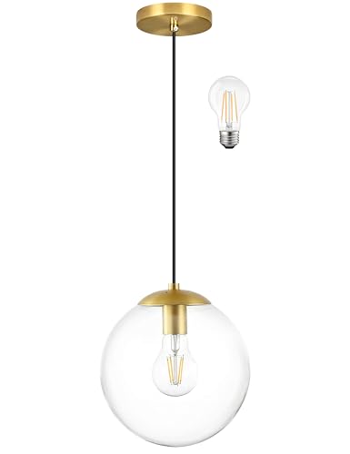 KoKo&Yukina 8 Inch Globe Pendant Lighting for Kitchen Island Mid Century Modern Hanging Light Fixture with Clear Globe Glass Gold Brass Hanging Ceiling Lights for Sink Bathroom Entryway (Bulb Incl.)